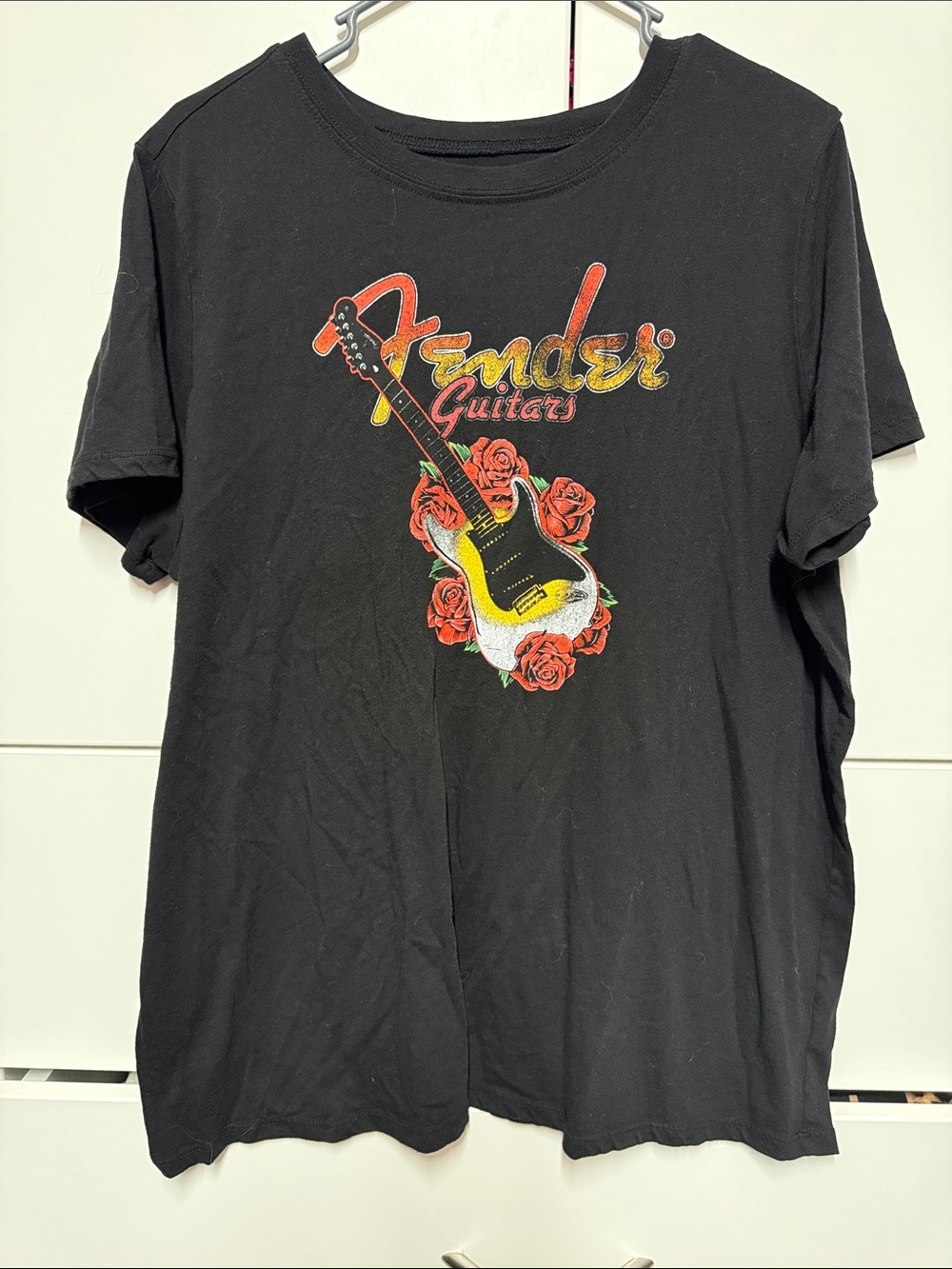 Fender Black Short Sleeve Tee with Yellow Guitar and Red Rose Graphic
